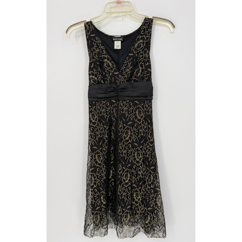 Wet Seal Y2K Dress XS Black Gold Floral Lace V Neck Party Cocktail Mini USA